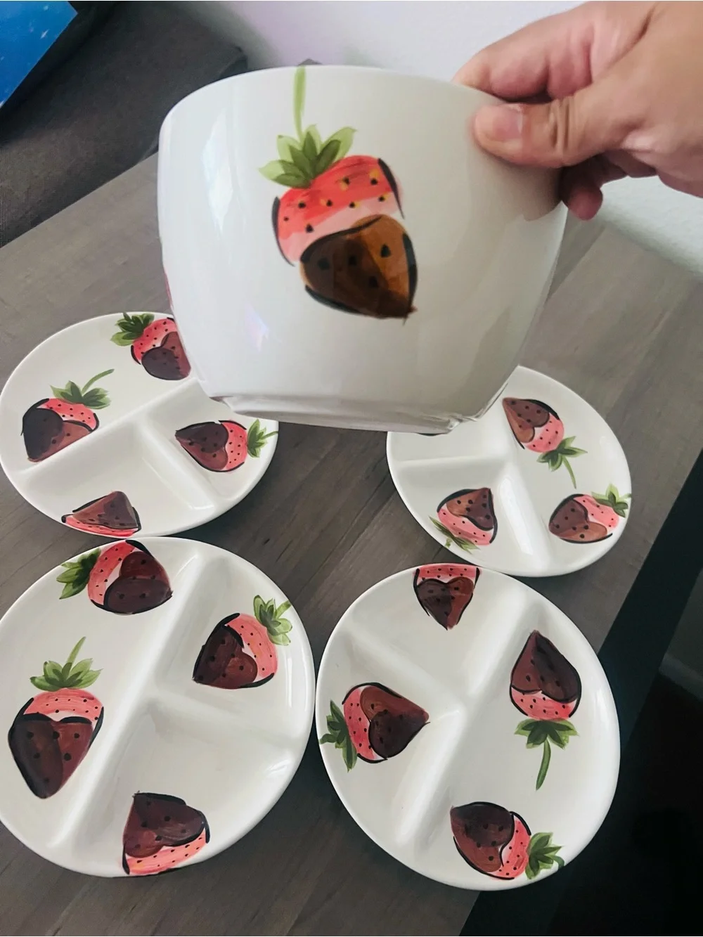 VINTAGE White Strawberry-Print Ceramic Snack Plates Dip Bowl Chocolate Fondue